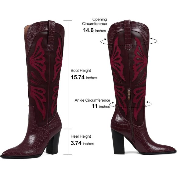 Women's Burgundy Pointed Toe Chunky High Heels Butterfly Cowgirl Boots Wide Calf - Picture 6 of 7